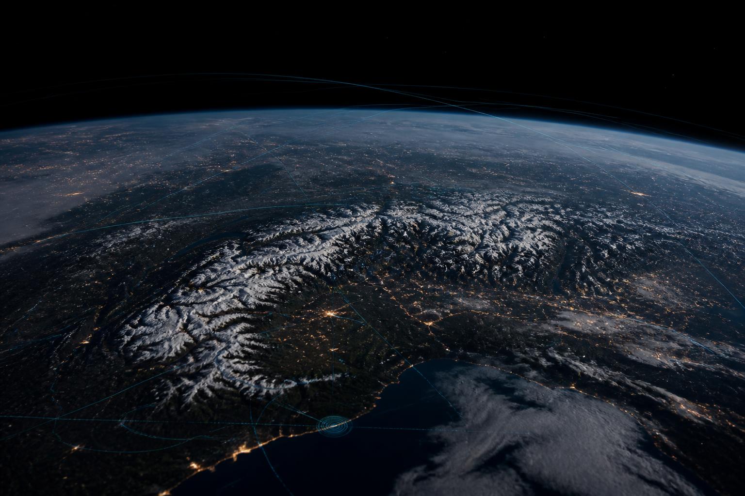 Swiss Alps from low Earth orbit at night